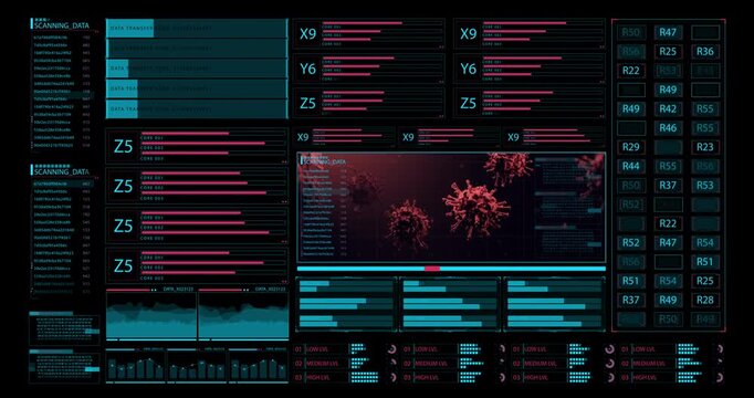 High-tech interface presents magnified virus structures with data panels, numerical readings and digital scanning graphics.
