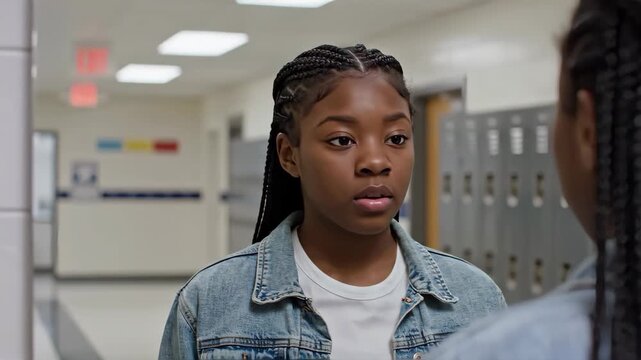 Young Black teenage girl contemplating her reflection beside a school mirror, conveying adolescent introspection, self-awareness for Youth Empowerment and Mental Well-being Content Footage