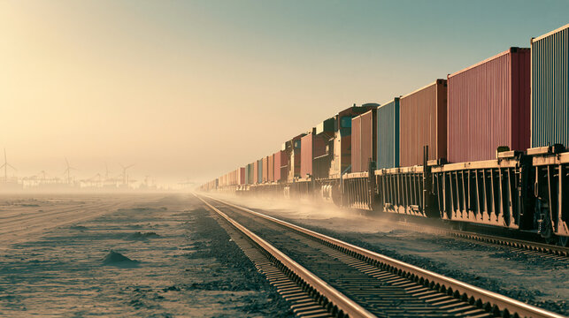 A long freight train hauling cargo containers across a vast desert landscape under a clear blue sky.