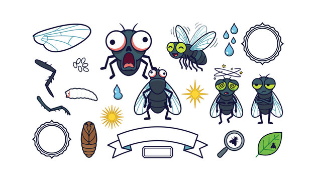 Cartoon housefly lifecycle and character sticker vector asset pack featuring funny bug expressions wing maggot pupa and blank badge labels
