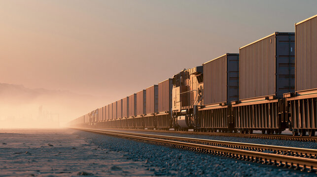 A long freight train hauling cargo containers across a vast desert landscape under an orange-tinted sky at sunset.