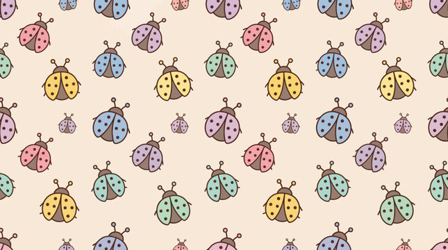 Colorful hand drawn ladybug beetles seamless pattern background.