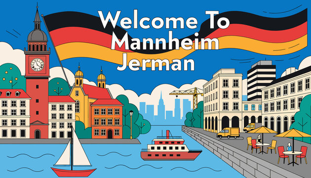 Welcome To Mannheim Germany Cityscape Illustration with German Flag, River, Buildings and Boats