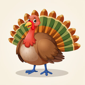 Cartoon turkey with big colorful feathers