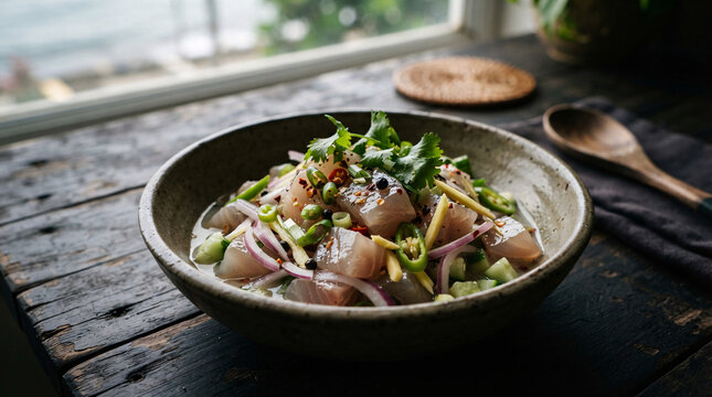 Fresh raw fish salad with red onion, cucumber, green chili, ginger, herbs and spices served in a rustic ceramic bowl.
