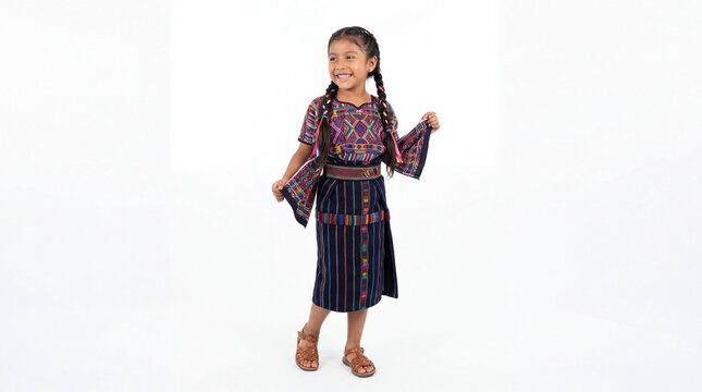 Young girl in traditional mayan dress smiling with braids against white background cultural heritage celebration