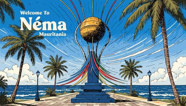 Welcome to Nema, Mauritania: Tropical Landmark & Ocean View with Palm Trees and Colorful Abstract Elements