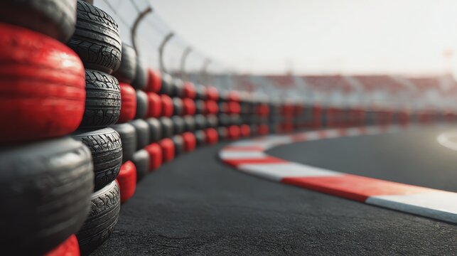 Colorful tires line a racetrack in sunlight.