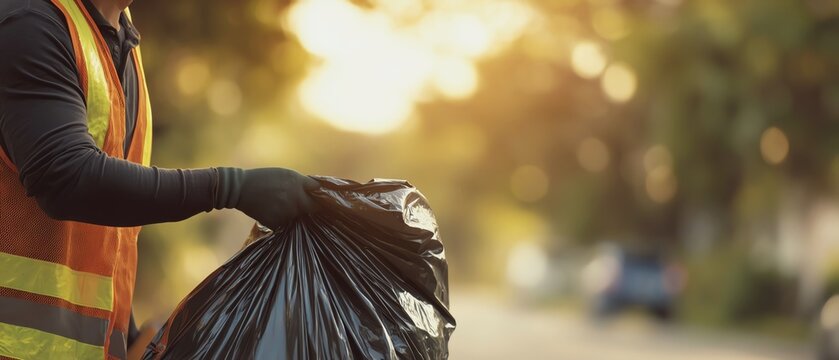 Waste collection worker handling garbage bag.