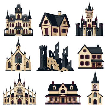 Gothic architecture collection, spooky medieval houses, haunted castle ruins, horror vector set of churches and mansions, game assets isolated on White Background Halloween