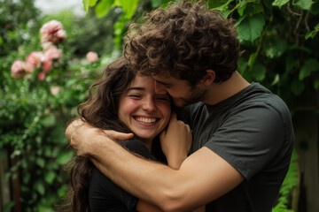 Fototapeta premium Young couple with curly hair embracing warmly while standing in a lush green garden area