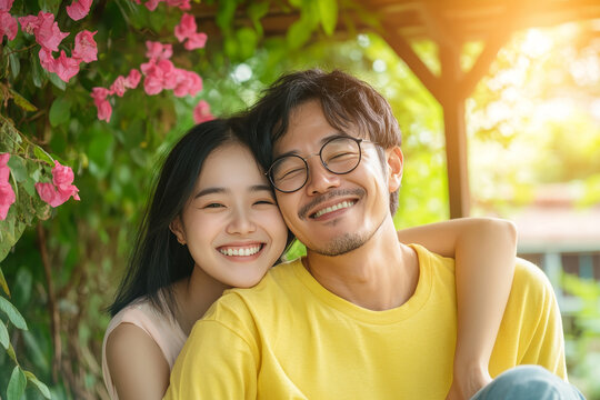 Young asian couple embracing affectionately near blooming pink flowers in a sunlit garden setting