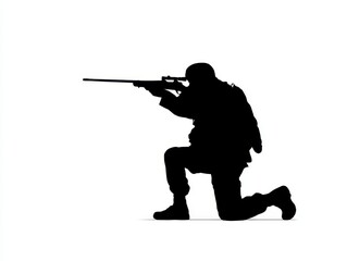Fototapeta premium Silhouette of a soldier kneeling and aiming a sniper rifle isolated on white background