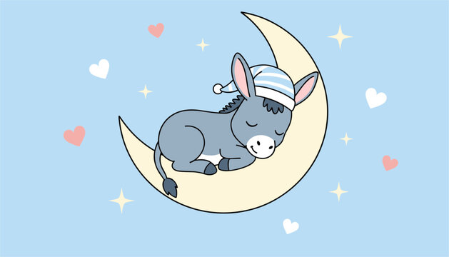 Cute cartoon donkey wearing a striped sleeping cap while sleeping peacefully on a yellow crescent moon in the starry night sky.