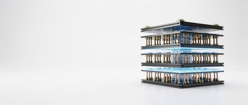 Panoramic 21:9 3D render of a 3D stacked chiplet semiconductor packaging architecture on the far right with clean white copy space