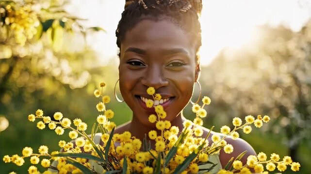 African American woman cradling a fragrant yellow mimosa sprig amid blooming spring scenery, evoking optimism, renewal, for seasonal festivity videos, spring celebration content, and nature footage