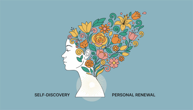 Artistic profile of a woman with her hair intricately styled into a vibrant bouquet of colorful flowers and leaves.