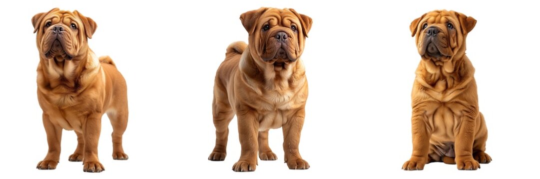 Shar pei wrinkled dogs standing set isolated on transparent background