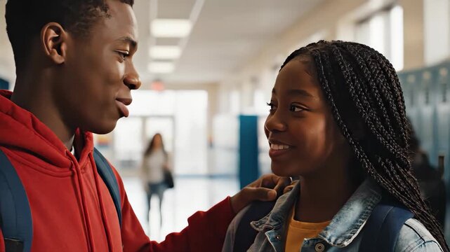 African American Teen Students Interacting and Smiling, Showing Youthful Support in School Hallway, for Education Content, Peer Connection, Friendship Campaigns, and High School Life, video.