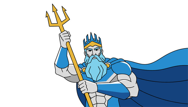 Mighty god Poseidon with a crown and blue cape holds his golden trident weapon proudly on a clean white background.
