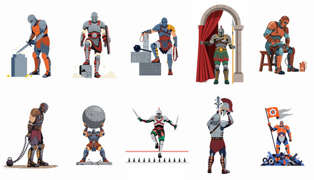 Collection of Ten Stylized Gladiator Illustrations Depicting Various Life Scenes from Training and Combat to Victory and Servitude