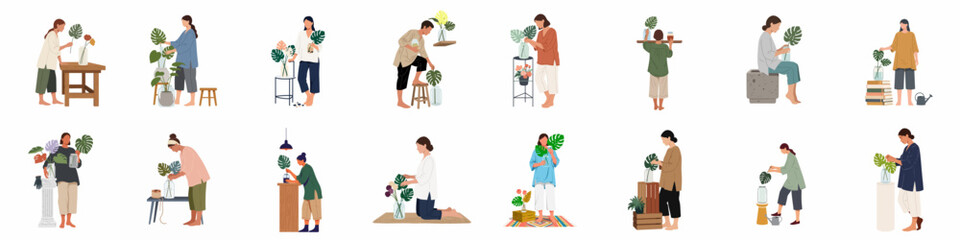 Fototapeta premium Collection of minimalist vector illustrations featuring people caring for indoor plants, gardening, and living a sustainable green lifestyle.