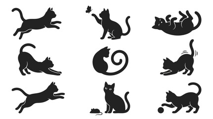 Fototapeta premium Black cat silhouette collection, 9 feline vector icons in various poses, minimalist pet animal silhouettes for logo design