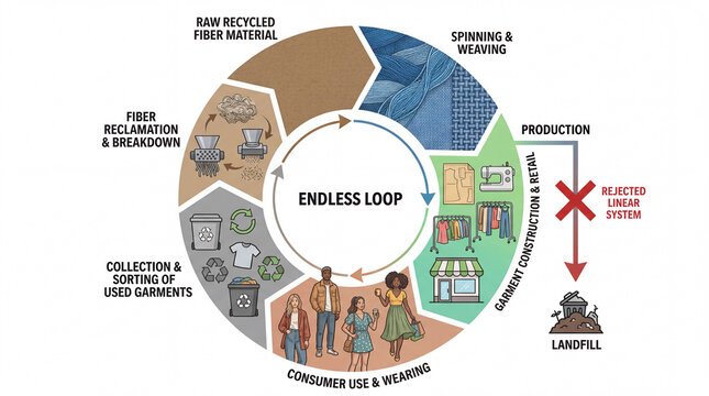 Circular fashion diagram showing endless loop of recycling textiles from collection to production avoiding landfill waste and linear system