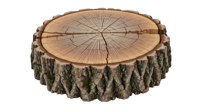 Natural round wood log slice with rough bark texture isolated on transparent background