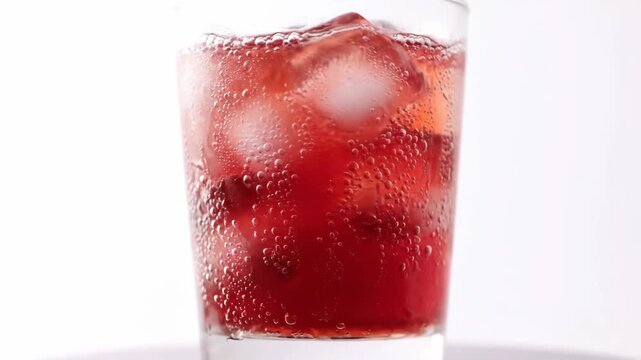 Extreme close-up of a refreshing, vibrant red carbonated drink or cocktail with ice cubes, showing active fizz, bubbles, and condensation in a glass against a clean white background.