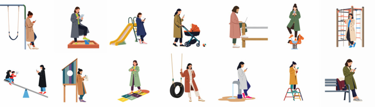 Flat vector illustrations of people using smartphones at a children's playground, depicting modern parenting and everyday life in a minimalist style.
