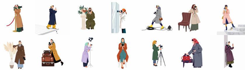 Fototapeta premium A set of minimalist illustrations featuring fashionable women engaged in various photography activities, using cameras, tripods, and smartphones on a white background.