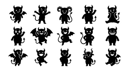 Obraz premium Set of black silhouette featuring cute cartoon devils, demons, and imps with various facial expressions and poses on white background