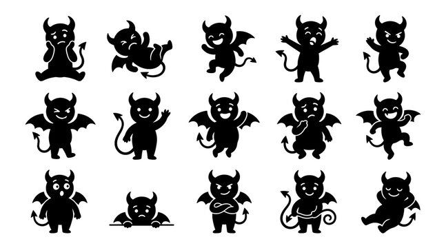 Set of black silhouette featuring cute cartoon devils with various expressions, poses, horns, wings, and pointed tails on white background