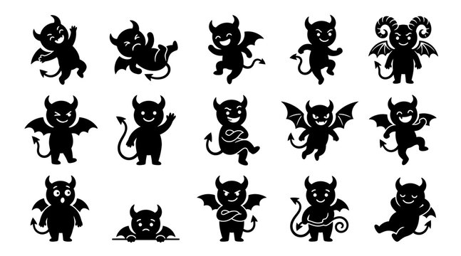 Set of black silhouette featuring cute cartoon devils, imps, and demons with horns, wings, and tails in various poses and expressions