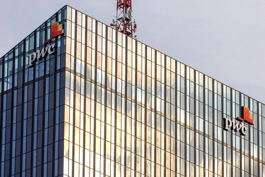 PwC, PricewaterhouseCoopers Logo on Office Building in Vienna, Austria.