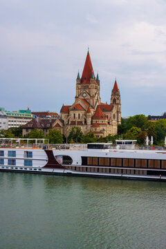 St. Francis of Assisi Church in Vienna with Boats on the Danube River, Austria