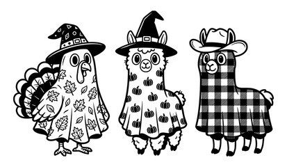 Naklejka premium Cute funny Halloween animals wearing witch hats and festive costumes