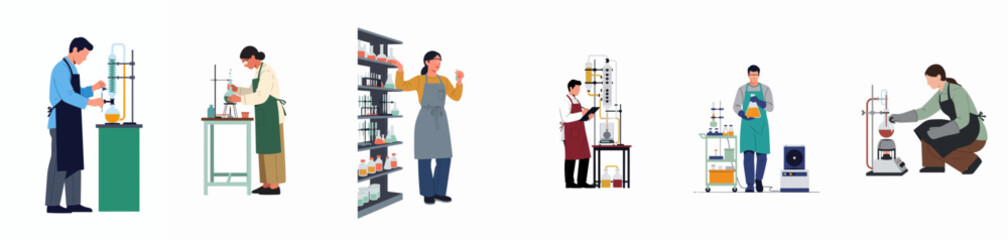 Fototapeta premium Flat design illustrations of scientists and researchers conducting various chemical experiments and laboratory research tasks on a white background.