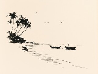 Fototapeta premium Ink wash drawing of a tropical beach scene with palm trees and fishing boats