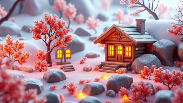 Cozy cabin scene. Snow covers landscape, warm lights glow. Red trees dot terrain, creating peaceful winter setting.