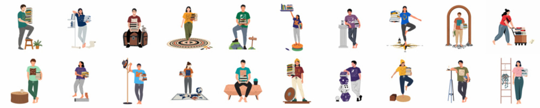 A collection of 20 miniature figures depicted in various everyday household activities like cleaning, gardening, and moving house on a white background.