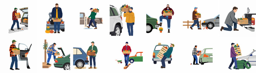 Fototapeta premium Set of Illustrations Featuring People Loading and Unloading Cardboard Boxes From Various Vehicles, Perfect for Moving and Delivery Concepts