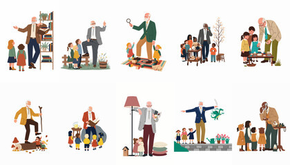 Fototapeta premium Set of illustrations depicting a grandfather sharing wisdom, stories, and educational activities with his grandchildren in various settings.