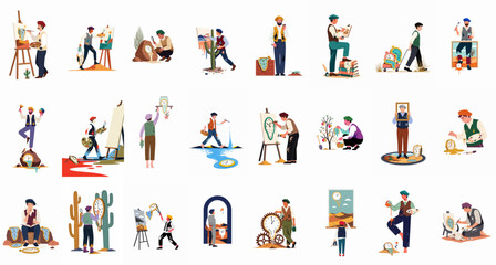 Fototapeta premium Collection of creative male artists and painters in various artistic poses, featuring surreal and classical art themes, isolated on a white background.