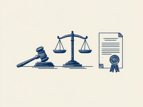 Vintage style legal icons set including a wooden gavel, scales of justice, and a formal document with a wax seal