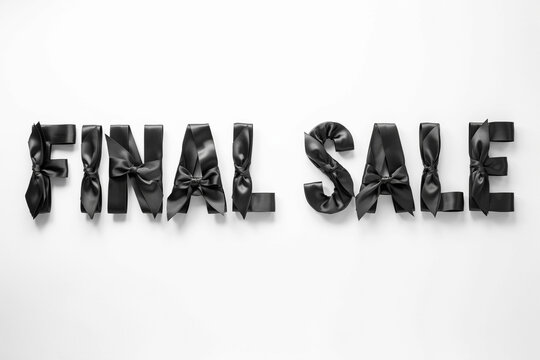 Final Sale typography made of black satin ribbons, elegant promotional banner for retail discounts, luxury gift bow lettering on white background