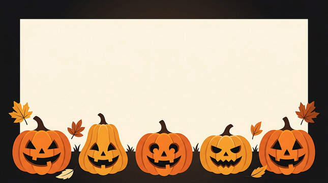 Happy Halloween vector background with pumpkin border. Carved jack-o-lanterns and autumn leaves with smiling faces on black textured frame. Scary design template for invitation card, poster
