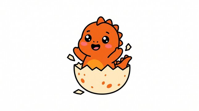 Adorable baby orange dinosaur hatching from a spotted egg with a happy expression and cute simple flat vector design on white background