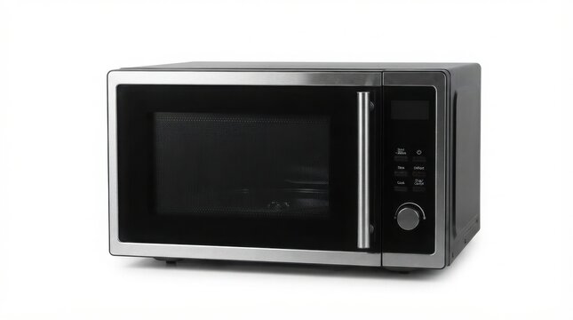 Modern stainless steel microwave oven, silver kitchen appliance with digital display, sleek electric microwave for food heating